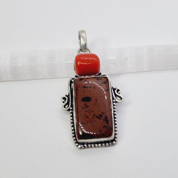 Mahogany Obsidian Coral Ethnic Handmade Pendant Jewelry 2.48" - Picture 2 of 4